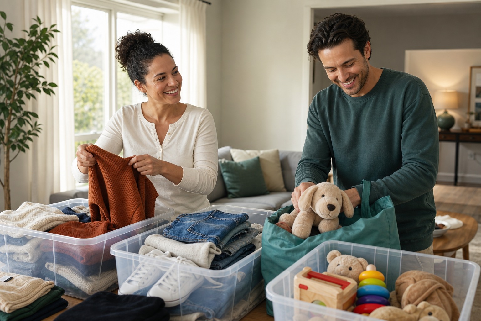 Smiling people sorting clothes, shoes, and toys into recycling bins