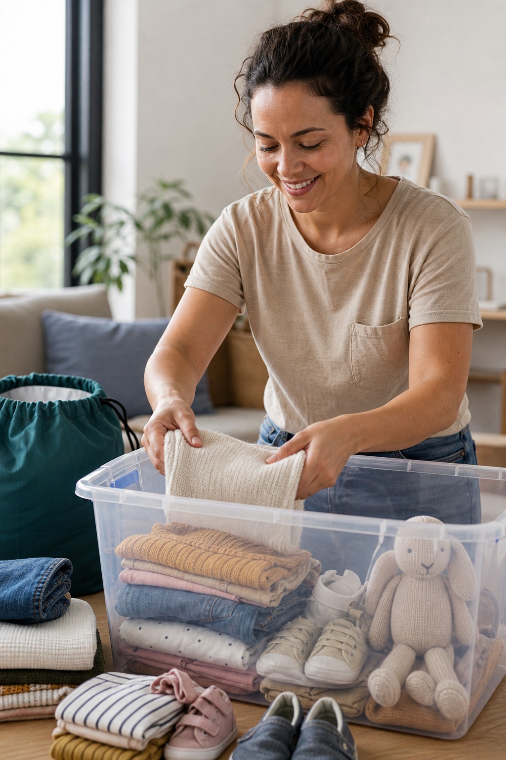 Smiling person placing folded clothing into a recycling bin