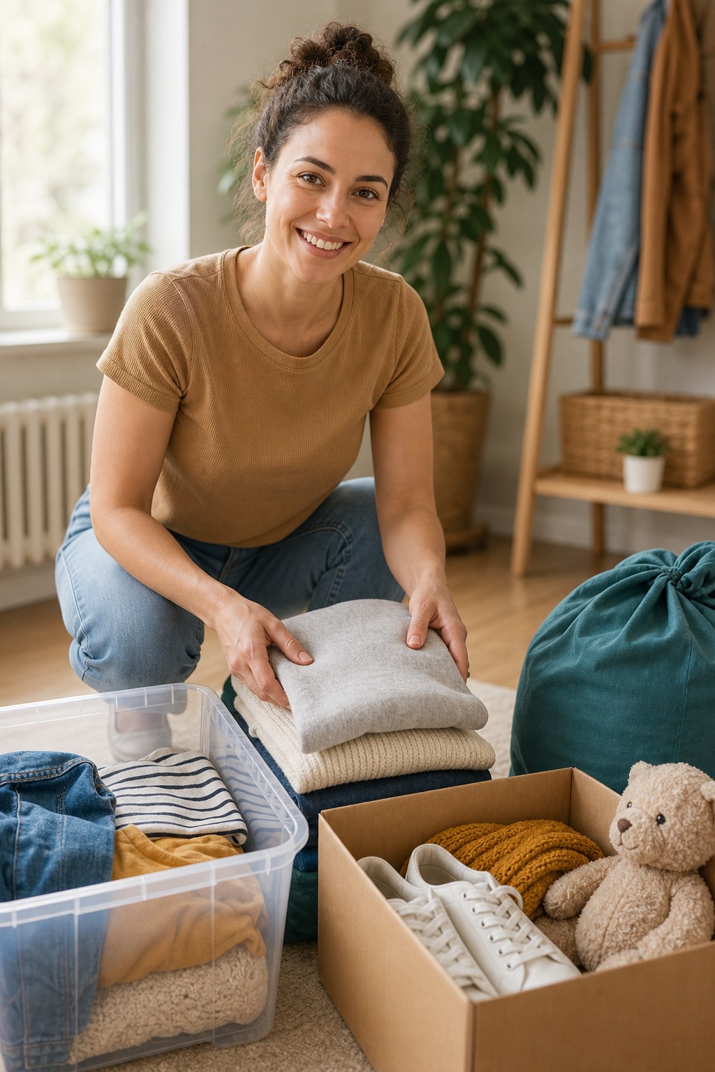 Smiling person packing folded clothes into a recycling box
