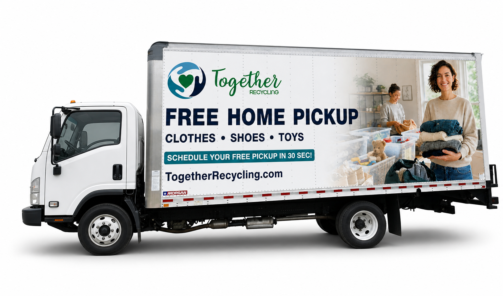 Together Recycling box truck with the Free Home Pickup wrap in a complete side view